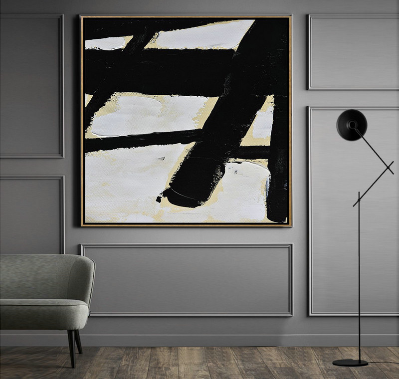 Oversized Canvas Art On Canvas,Handmade Minimal Art Palette Knife Canvas Painting, Black White Beige - Modern Abstract Wall Art